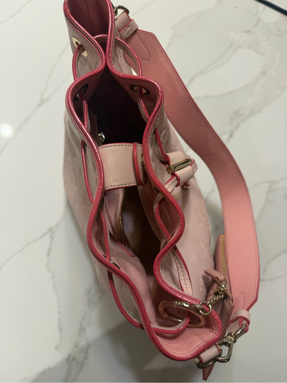 MCM Light Pink Embossed Drawstring Shoulder Bucket Bag - Picture 8 of 11